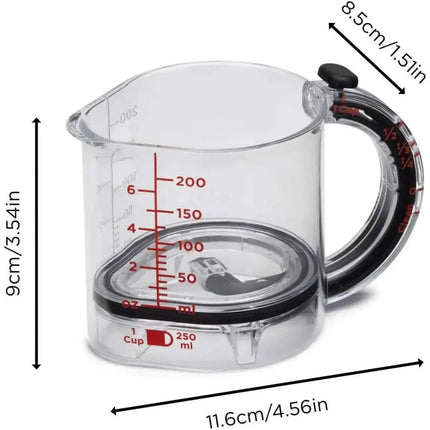 4-in-1 Adjustable Measuring Cup Clear measuring cup with red measurement markings and black handle, shown with dimensions on a white background.