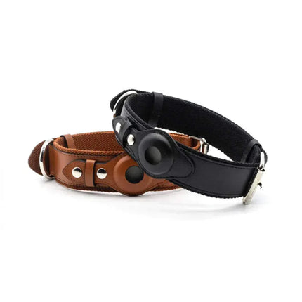 Leather AirTag Dog Collar in black and brown colors, stylish GPS tracking collar for dogs.
