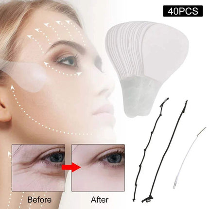 40x Face Tapes for instant face lift and smoother skin, showing before and after results with lifting tapes.