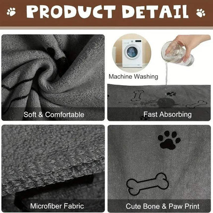 Dog Drying Towel showcasing soft microfiber fabric, fast absorbing features, and machine washability for easy maintenance.