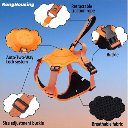 Dog Harness and Automatic Retractable Leash Kit featuring breathable fabric, adjustable size, and retractable traction rope.