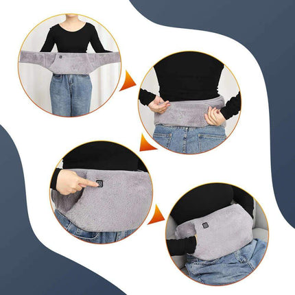 Electric Heating Waist Belt in action, demonstrating warmth and comfort for pain relief and cozy hand warming.