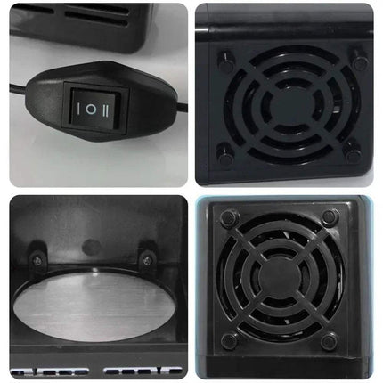 Mini USB Fridge for Beverages & Cans showing power switch and ventilation details for effective cooling and heating. - Astoria Lifestyle