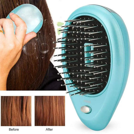 Anti-Static Ionic Vibrating Hair Brush for smooth frizz-free hair, showing before and after results.