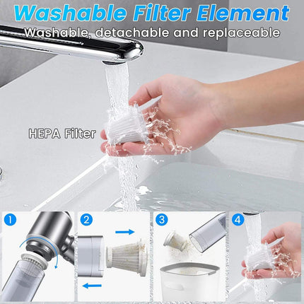 Hand washing the HEPA filter element of a 4 in 1 Portable Vacuum Cleaner for easy maintenance.