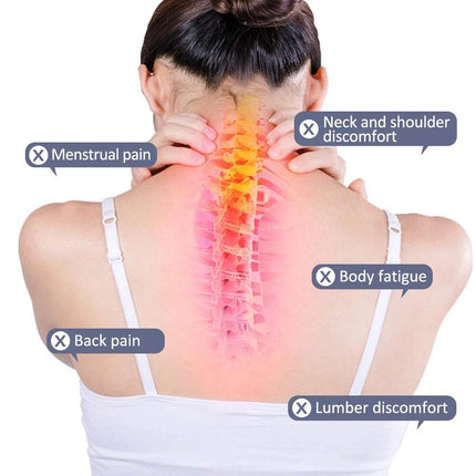 Electric Meridian Brush Gua Sha Cupping Massager for muscle pain relief and relaxation therapy. Model showing back discomfort areas.