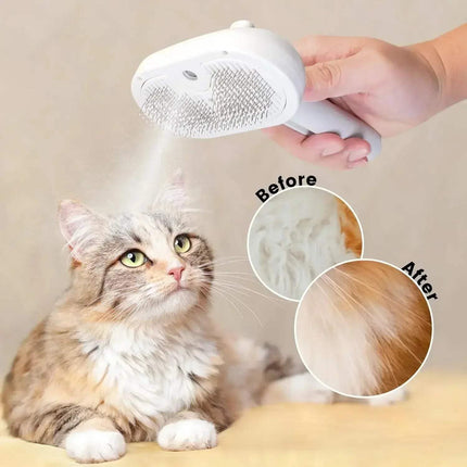 Pet Steam Grooming Comb in use on a cat, showcasing before and after grooming results with mist spray. - Astoria Lifestyle