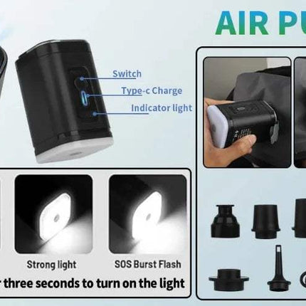 Air pump for 17L Vacuum Compression Bag with switch, Type-C charge, and indicator light features.
