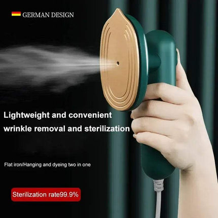 Electric 30W Mini Portable Steam Iron in use, showing steam and ergonomic handle for easy wrinkle removal. - Astoria Lifestyle