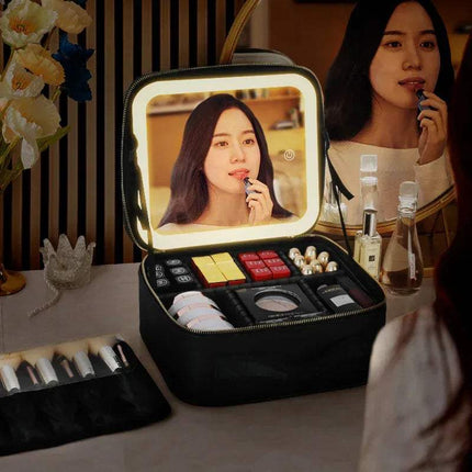 Cosmetic Bag with LED Light & Full-Screen Mirror for travel makeup storage and flawless applications.