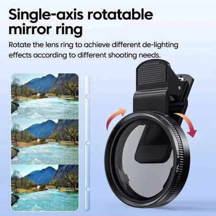 52mm Clip-On CPL Phone Lens Filter  Single-axis rotatable mirror ring with mountain and river scenery on a light blue background. Astoria Lifestyle