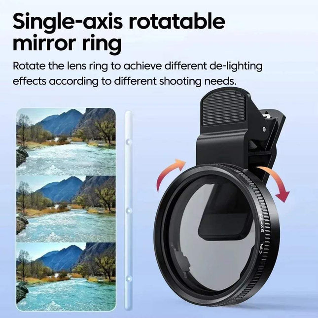 52mm Clip-On CPL Phone Lens Filter  Single-axis rotatable mirror ring with mountain and river scenery on a light blue background. Astoria Lifestyle