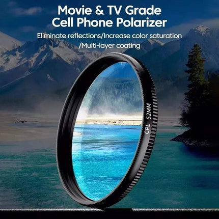 52mm Clip-On CPL Phone Lens Filter  with mountain and lake background. Astoria Lifestyle