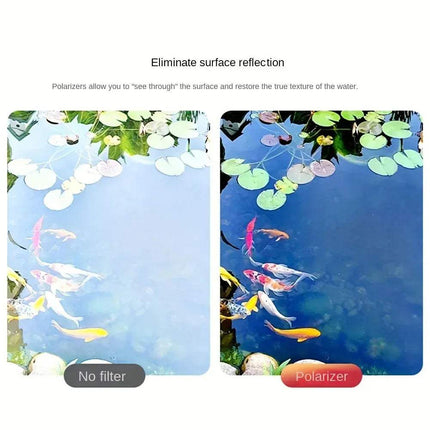 Comparison of water surface with and without a 52mm Clip-On CPL Phone Lens Filter showing fish and lily pads. Astoria Lifestyle