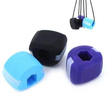 Jawline Trainer silicone chew pads in black, blue, and purple for muscle toning and definition.