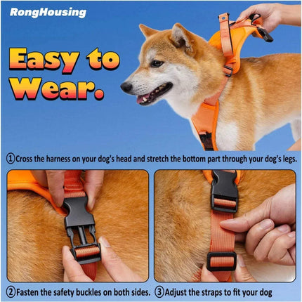 Dog Harness and Automatic Retractable Leash Kit showing easy wearing instructions for dogs.