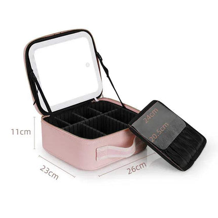 Cosmetic Bag with LED Light & Full-Screen Mirror Travel Makeup Storage open showing interior compartments and mirror.