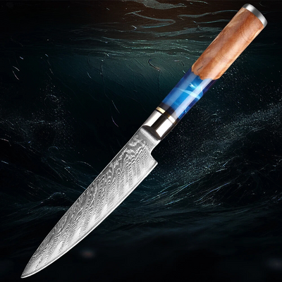 5 Inch Small Kitchen Knife with a wooden handle and blue accent on a dark textured background