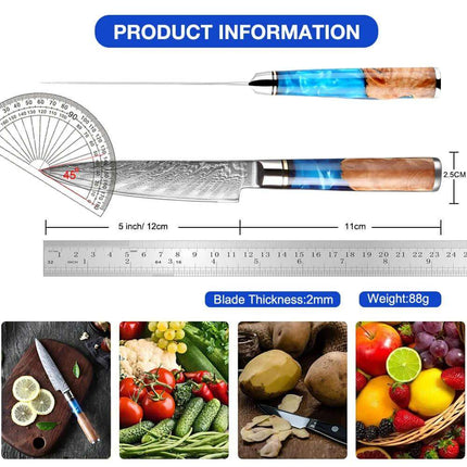 5 Inch Small Kitchen Knife with measurement details and images of vegetables and fruits.