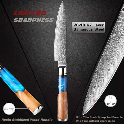 5 Inch Small Kitchen Knife with Damascus steel blade and wooden handle on a black background