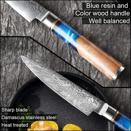 5 Inch Small Kitchen Knife with blue resin and color wood handle on a dark surface
