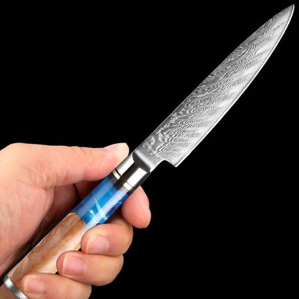5 Inch Small Kitchen Knife. Hand holding a Damascus steel kitchen knife with a wooden handle against a black background