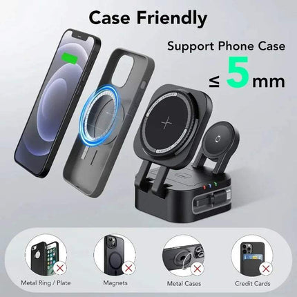 Magnetic 3 in 1 Wireless Charger Station demonstration showing case friendly design with a charging phone.