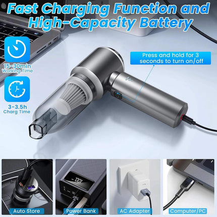 4 in 1 Portable Vacuum Cleaner showcasing fast charging function and high-capacity battery for effective cleaning.
