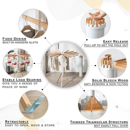 Foldable Octopus-Style Clothes Drying Rack with text labels on a white background