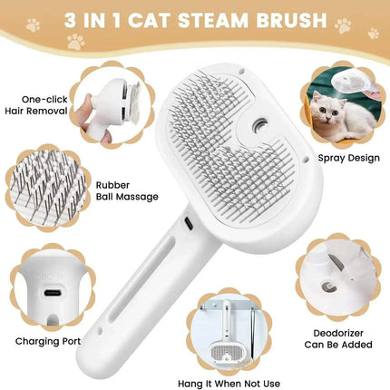 Pet Steam Grooming Comb features one-click hair removal, rubber ball massage, and spray design for easy pet grooming.  - Astoria Lifestyle