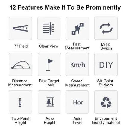 Diagram showing 12 features of the Rangefinder Golf including field view, measurement options, and environmental material.