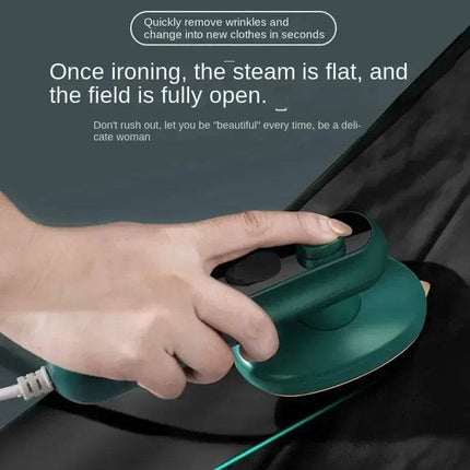 Electric 30W Mini Portable Steam Iron in use, quickly removing wrinkles from clothing. - Astoria Lifestyle
