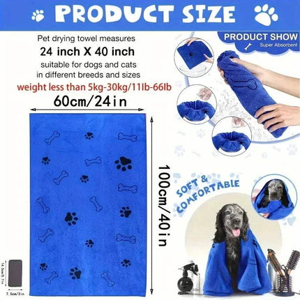Product size diagram of Dog Drying Towel measuring 24x40 inches, suitable for various dog and cat breeds.