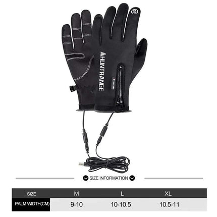Electric Heated Touchscreen Gloves displayed with size information for palm width and cable charging feature. Astoria Lifestyle