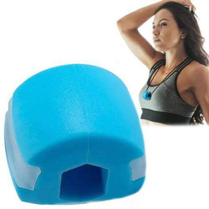 Jawline Trainer for facial muscle toning, featuring blue silicone chew pad with model demonstrating use.