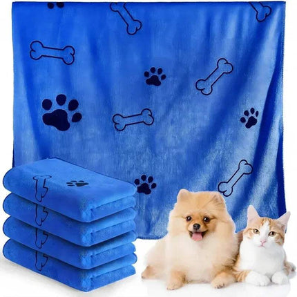 Dog Drying Towel in blue color with paw prints and bones, perfect for drying pets quickly after baths or outdoor activities.