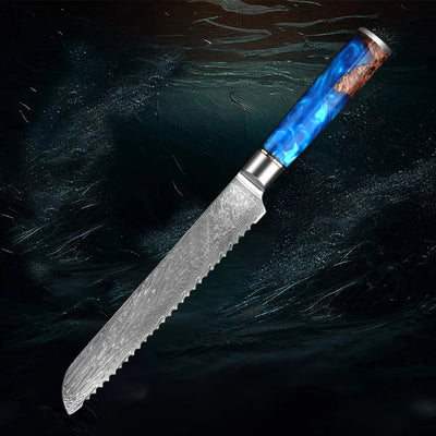 7 Inch Bread Knife Damascus Steel with a blue and brown handle on a dark textured background