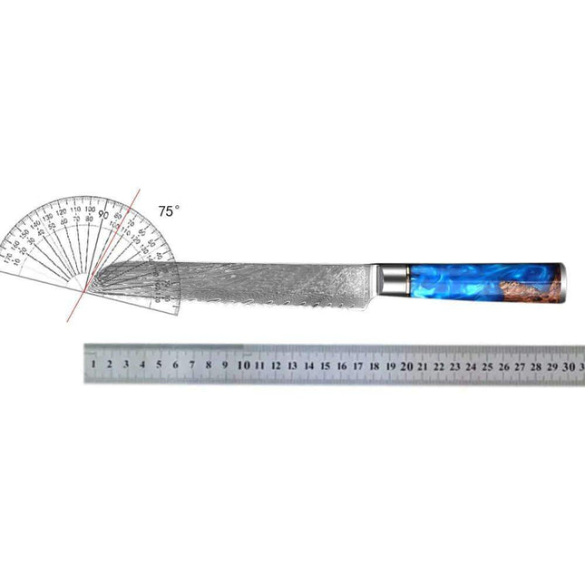 7 Inch Bread Knife Damascus Steel with a colorful handle and a ruler for measurement on a white background