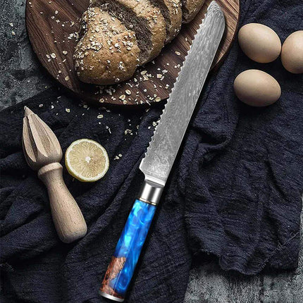 7 Inch Bread Knife Damascus Steel with a blue handle on a dark surface with bread, eggs, and a lemon.