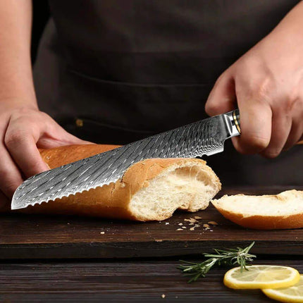 7 Inch Bread Knife Damascus Steel. Person slicing bread with a Damascus knife on a wooden surface.