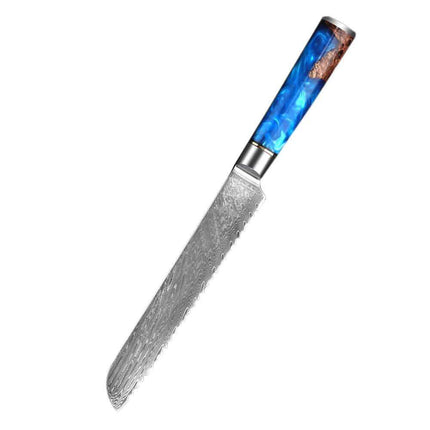 7 Inch Bread Knife Damascus Steel with a blue handle on a white background