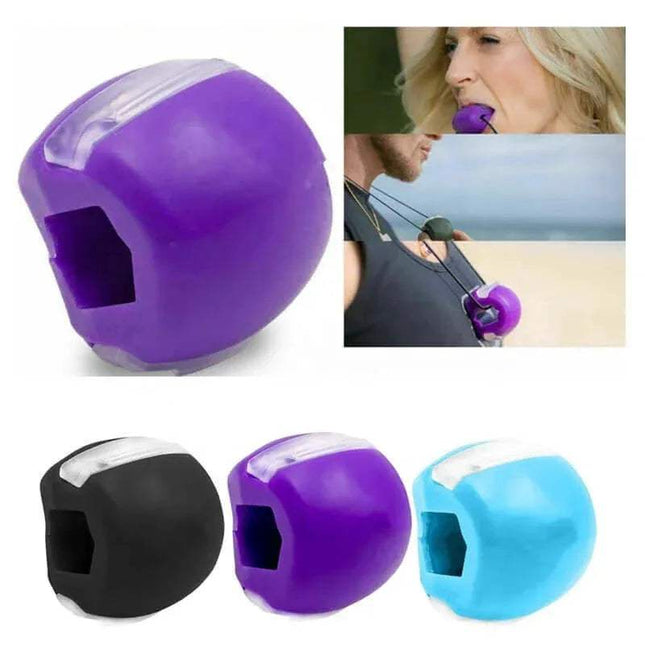 Jawline Trainer in purple, black, and blue colors for facial muscle toning and definition with user demonstration.