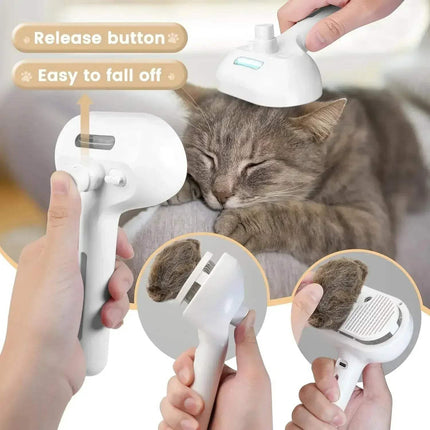 Pet Steam Grooming Comb in use on a relaxed cat for gentle grooming and hair removal.  - Astoria Lifestyle