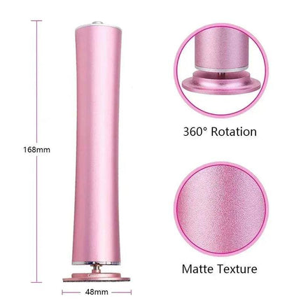 Electric Rechargeable Pedicure File showing dimensions and features like 360° rotation and matte texture for smooth feet.