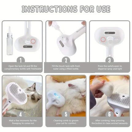 Instructions for using Pet Steam Grooming Comb to easily groom pets with mist spray and cleaning features.  - Astoria Lifestyle