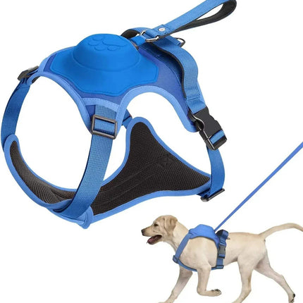 Dog Harness and Automatic Retractable Leash Kit featuring a blue harness and leash with a dog walking.