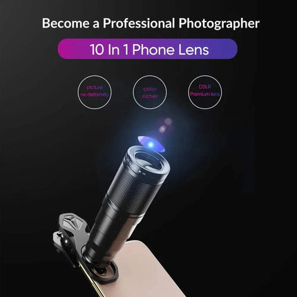 APEXEL 10 in 1 Telescope Zoom Mobile Phone Lens Kit attachment with text '10 In 1 Phone Lens' on a dark background. Astoria Lifestyle