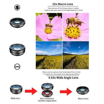 Three APEXEL 10 in 1 Telescope Zoom Mobile Phone Lens Kit with images showing their use on a white background. Astoria Lifestyle