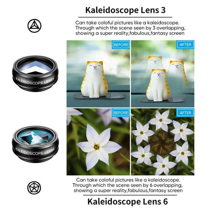 APEXEL 10 in 1 Telescope Zoom Mobile Phone Lens Kit Kaleidoscope lens with before and after effect on a cat and flower images. Astoria Lifestyle