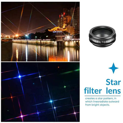 APEXEL 10 in 1 Telescope Zoom Mobile Phone Lens Kit showcasing Star filter lens with cityscape and starlight effect images. Astoria Lifestyle